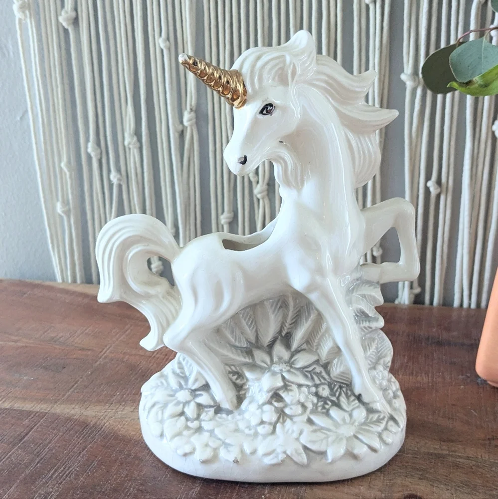 Vintage Ceramic Unicorn Planter | 9” Tall, Gold Horn, White Horse Figurine Boho